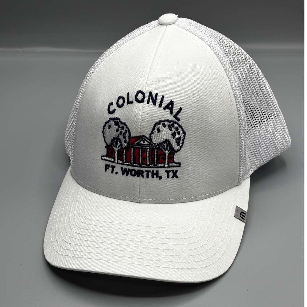 TravisMathew Colonial Ft Worth TX White Flexfit 110 Trucker Snapback Hat